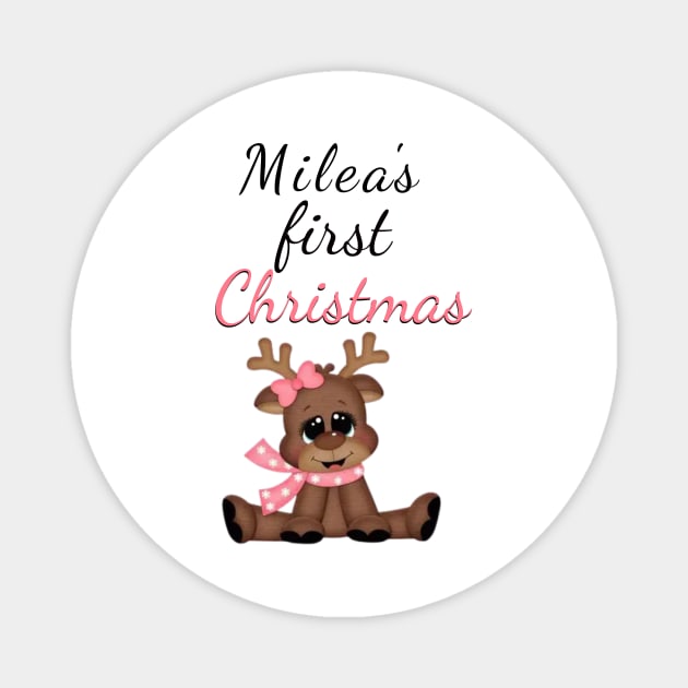 Milea's First Christmas - Toy Reindeer Magnet by Pieartscreation